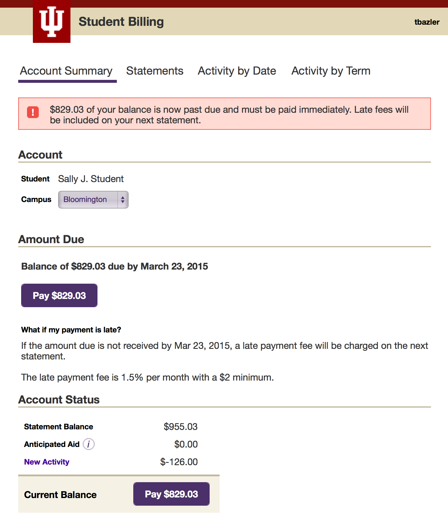 An initial wireframe for the redesign of Student Billing