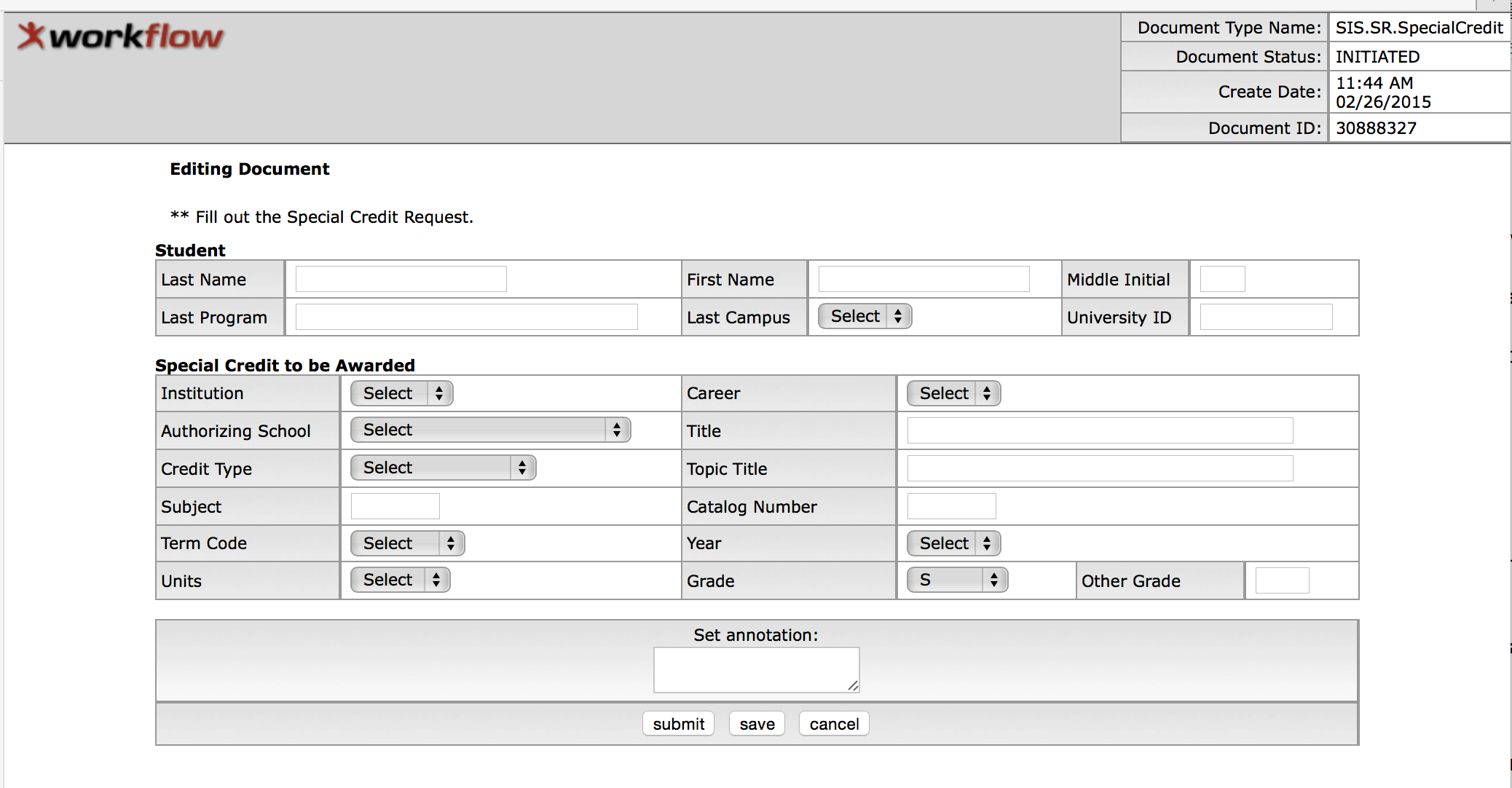 Special Credit Request Form