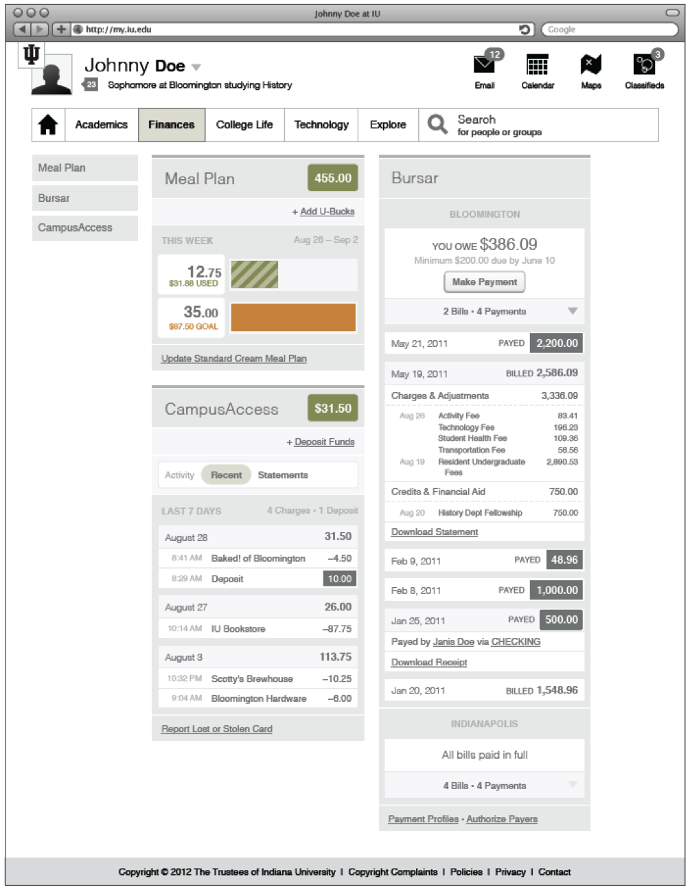 Initial vision for the finance landing page for IU students