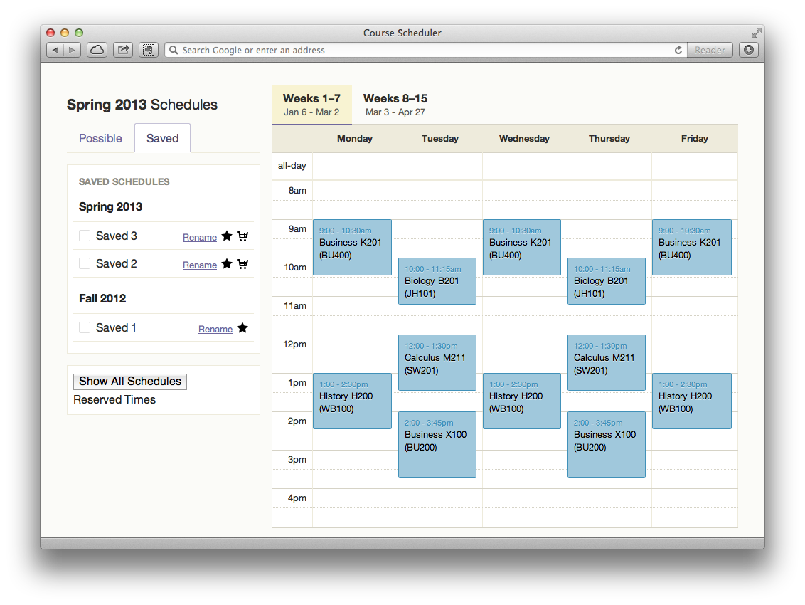 Saved schedule calendar view