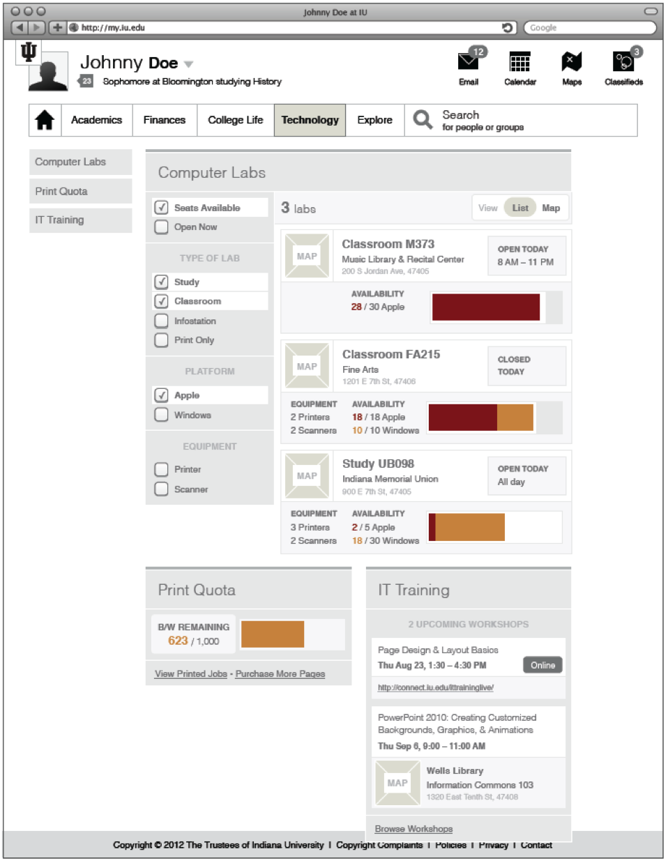 Initial vision for the technology landing page for IU students